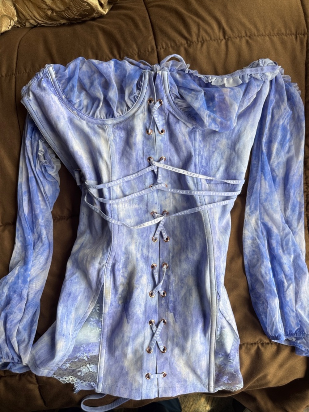 Savage X Fenty Light Blue Tie-Dye Lace-Up Corset Blouse